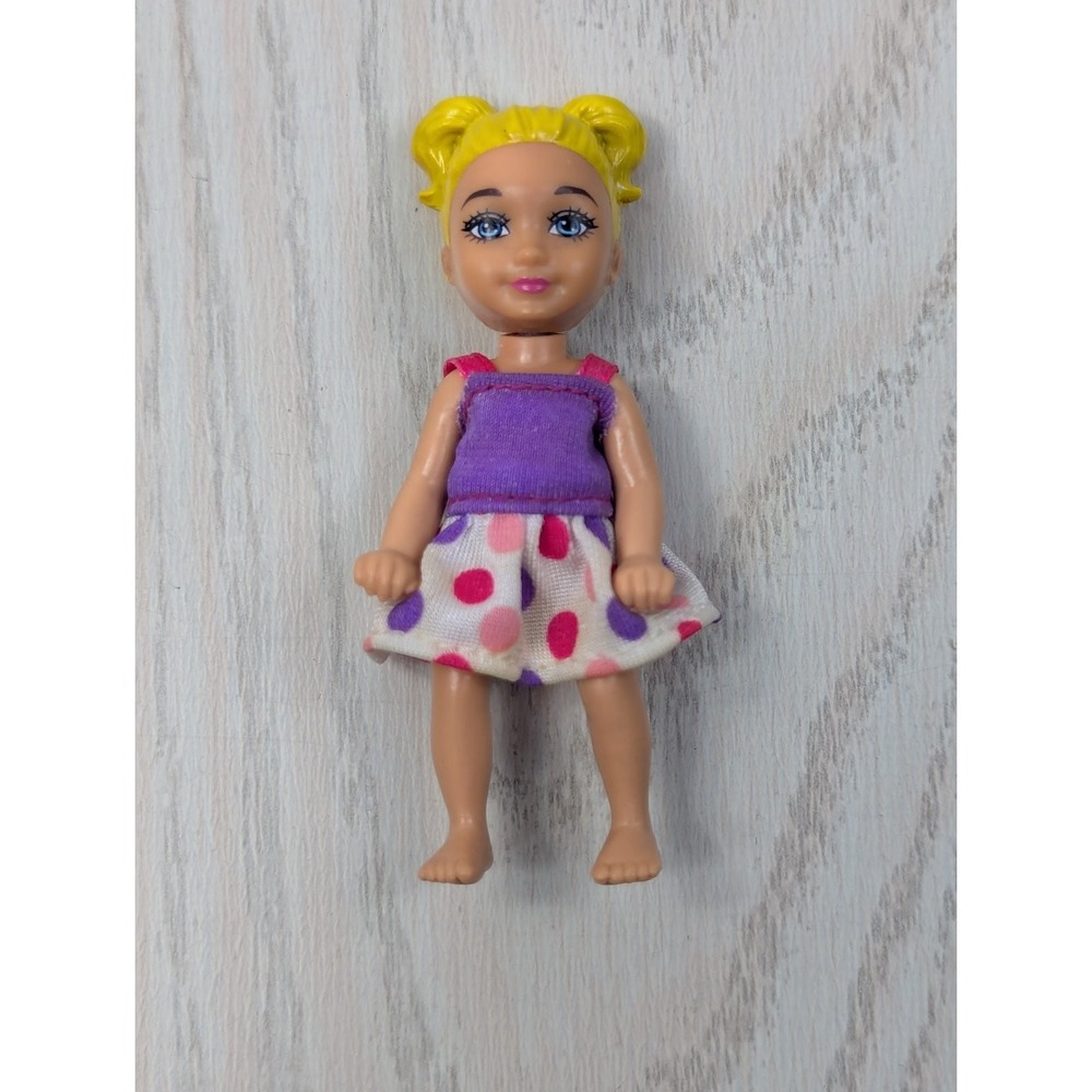 Mattel Barbie Kelly Playmates Blonde Doll Molded hair pigtails purple dot dress